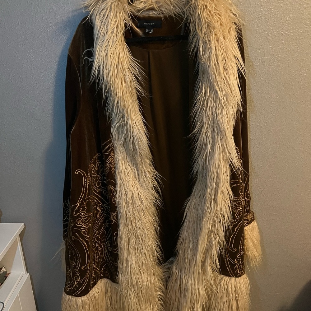 Forever 21 Brown Coat with Cream Faux Fur Trim